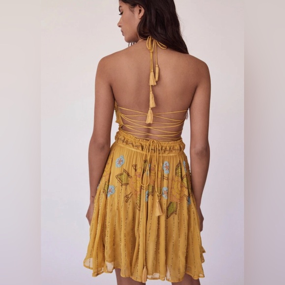 Free people sun bean halter mini dress beaded strappy open back RARE nwt - Picture 2 of 8